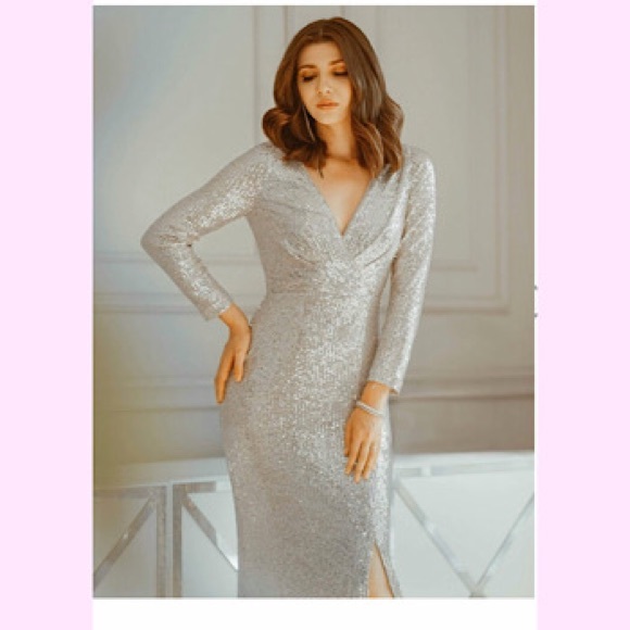 🆕 Shiny V Neck Long Sleeve Sequin Evening Dress - Picture 4 of 5